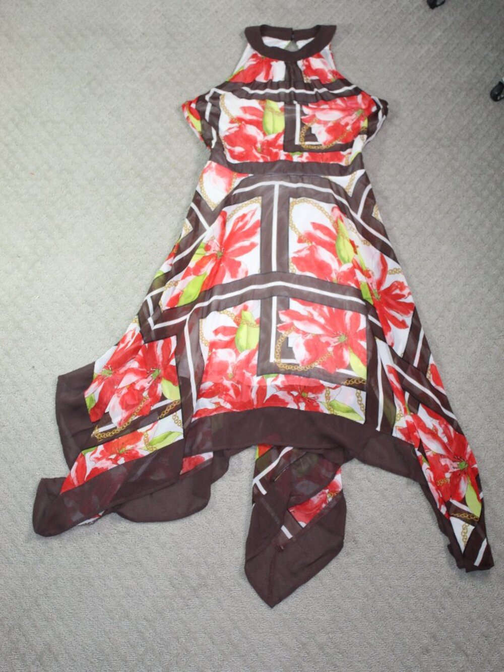 New York & Company Size S Brown Red Flowers Handkerchief Halter Top Dress